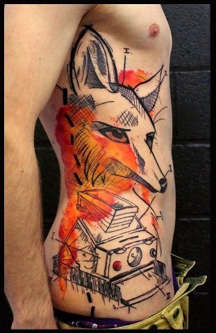 New style portrait of fox tattoo on ribs