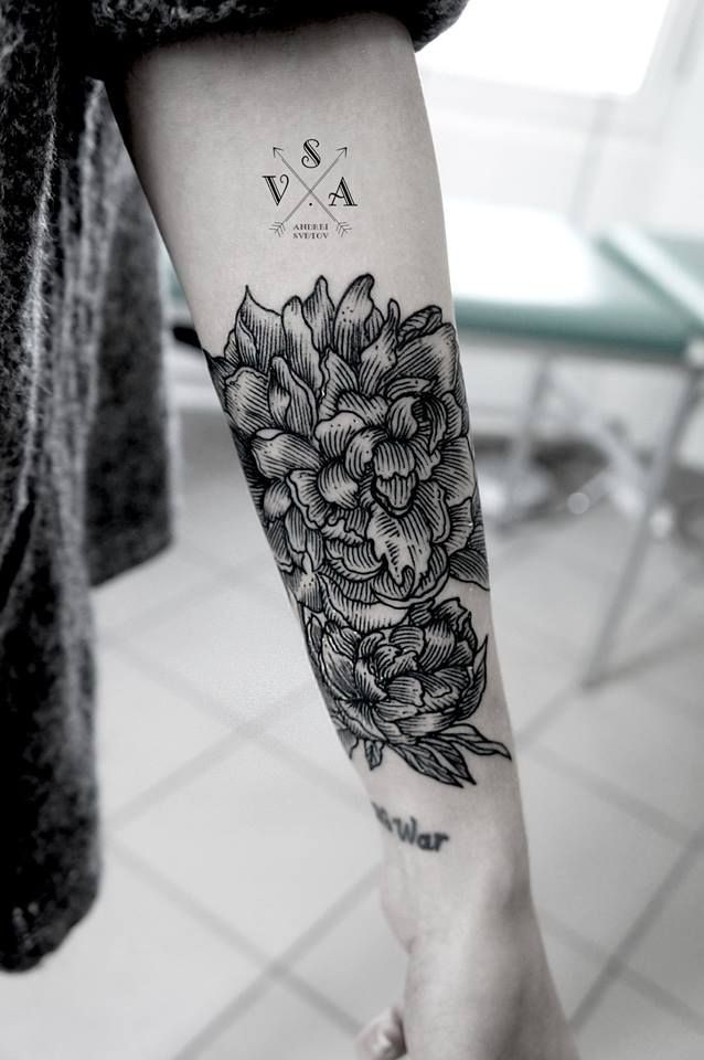 Nice black ink flowers forearm tattoo by Andrey Svetov