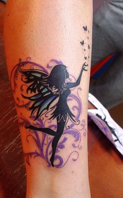 Nice black fairy with purple patterns tattoo
