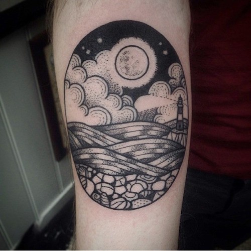 Nice black ink forearm tattoo of light house with night sky tattoo