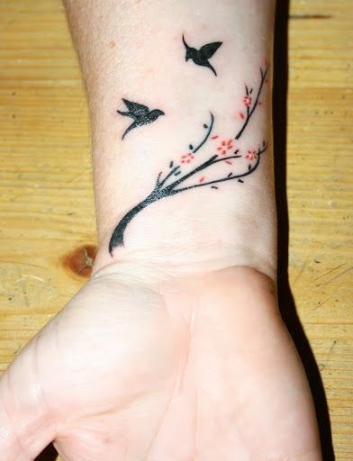 Tatuaje en la muñeca,
ramita y aves, tinta negra