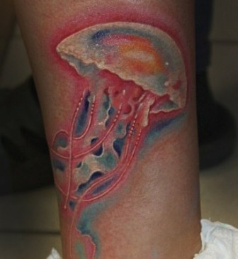 Nice colored and painted little jelly-fish tattoo on leg