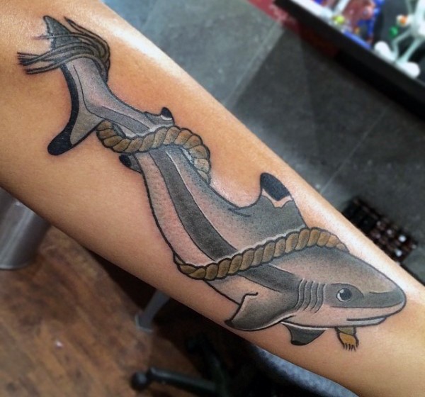 Nice colored cute shark in rope elegant tattoo on leg