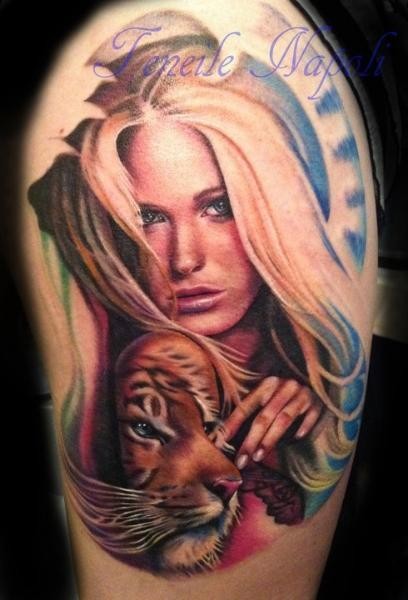 Nice colored large shoulder tattoo of blond woman with tiger