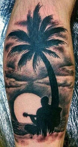 Nice designed and painted black and white musician under the palm tree tattoo on leg