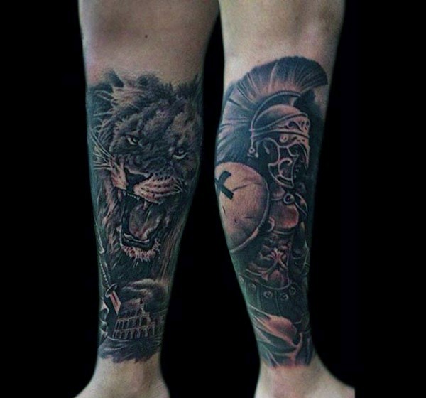 Nice detailed accurate painted antic warrior tattoo on leg combined with roaring lion