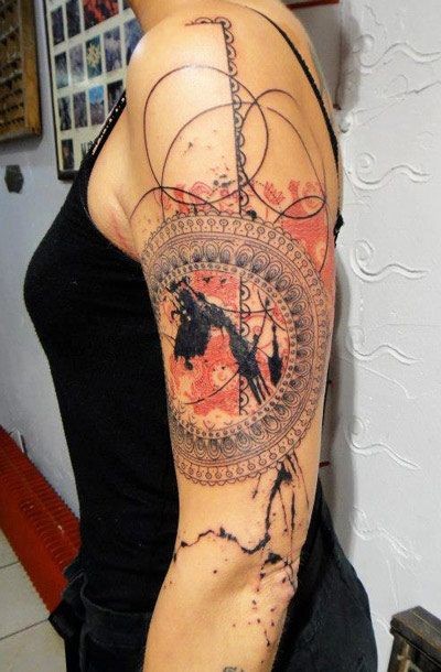 Nice detailed and colored antic like big plate tattoo on shoulder