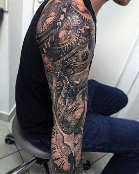 Nice detailed black and white old clock mechanism with heart tattoo on sleeve