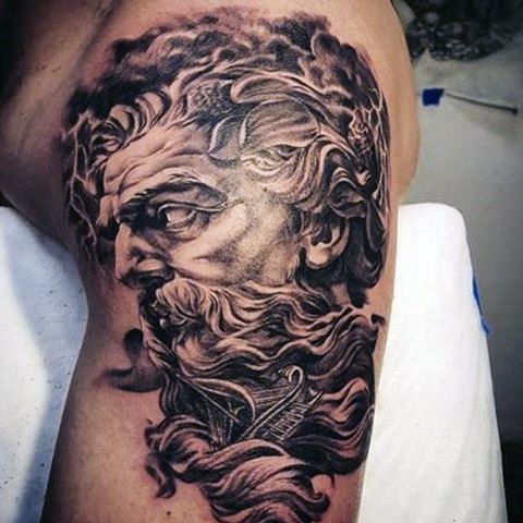 Nice detailed black and white Poseidon statue shoulder tattoo