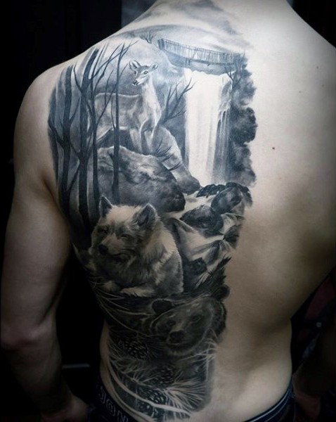 Nice detailed natural looking black and white wild life animals tattoo on back