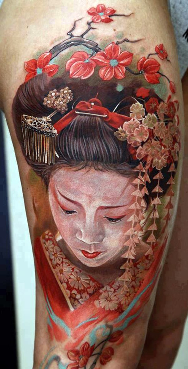 bellissimo ritratto detagliato acquerello di geisha tatuaggio