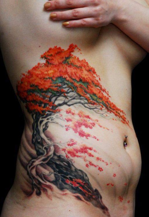 Nice japanese bonsai tree tattoo on ribs