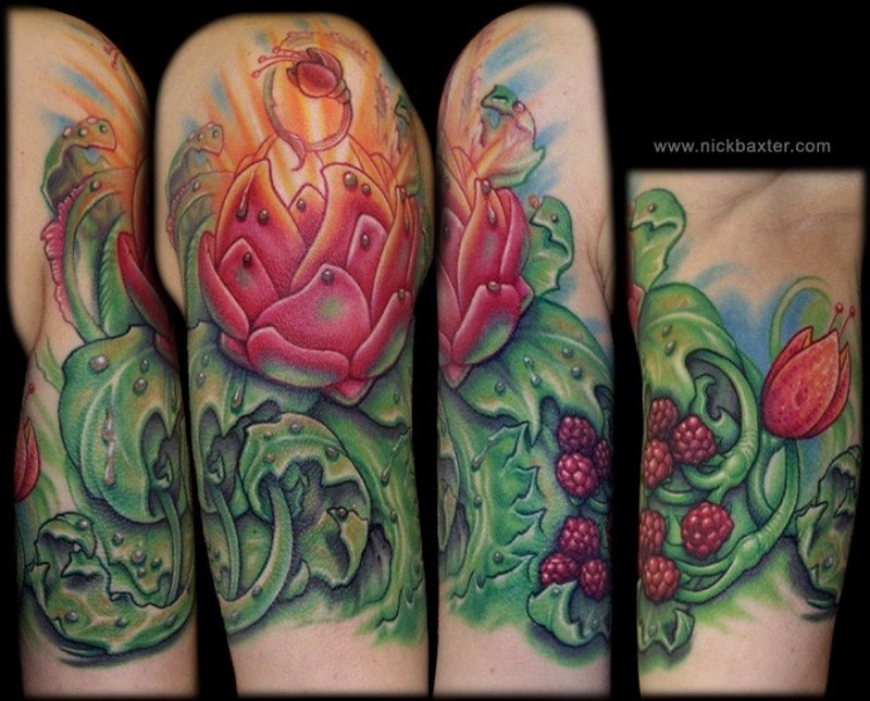 Nice looking colored shoulder tattoo of glowing flower with berries