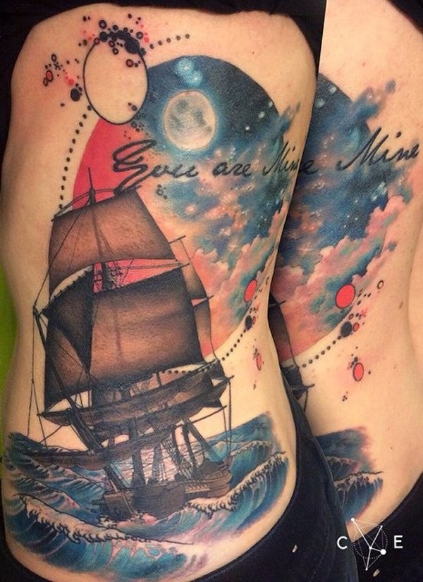 Nice looking colored side tattoo of sailing ship with big moon and lettering