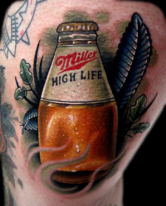 Nice looking colored thigh tattoo of lifelike bottle with leaves