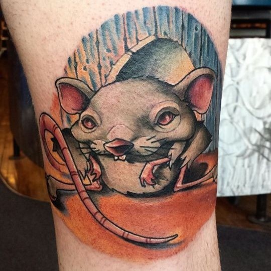 Nice looking illustrative style leg tattoo of creepy mouse