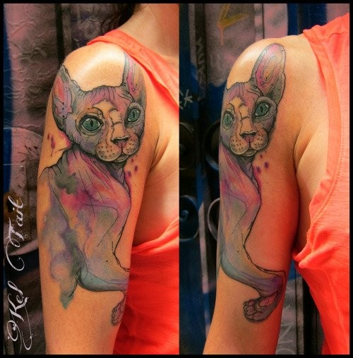 Nice looking illustrative style shoulder tattoo of Egypt cat