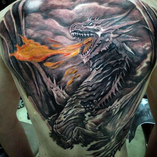 Nice looking illustrative style whole back tattoo of evil dragon