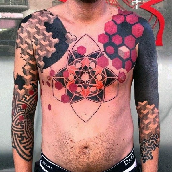 Nice ornamental style colored shoulders and chest tattoo combined with geometrical figures