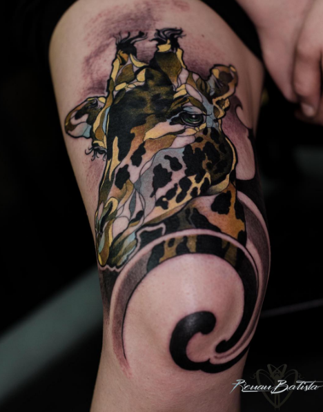 Nice painted and colored leg tattoo of big giraffe head