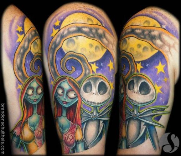 Nice painted colored monster cartoon heroes tattoo on shoulder