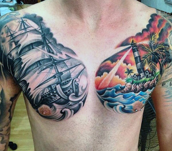 Nice painted illustrative style colored lighthouse with sailing ship tattoo on chest