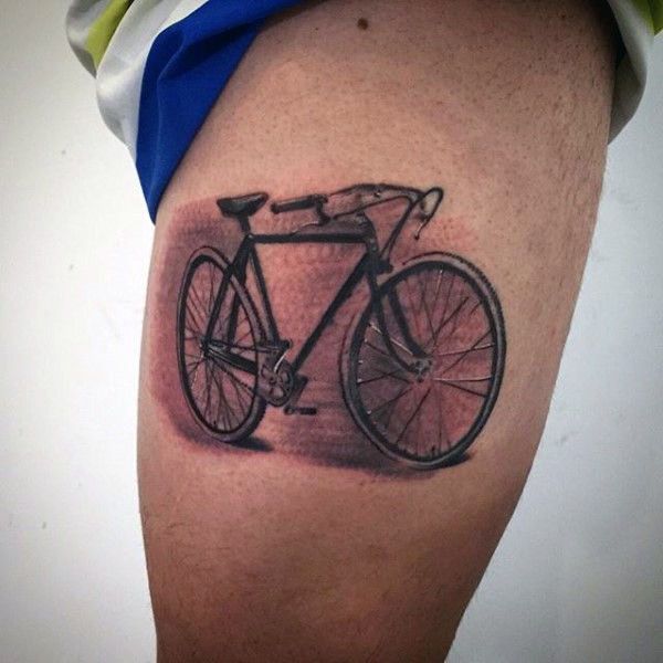 Nice painted realistic looking bicycle tattoo on thigh