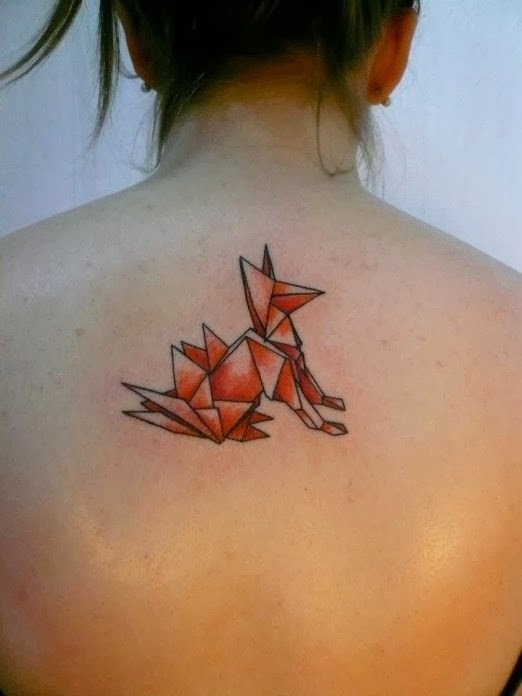 Nice red fox origami tattoo on back for girls