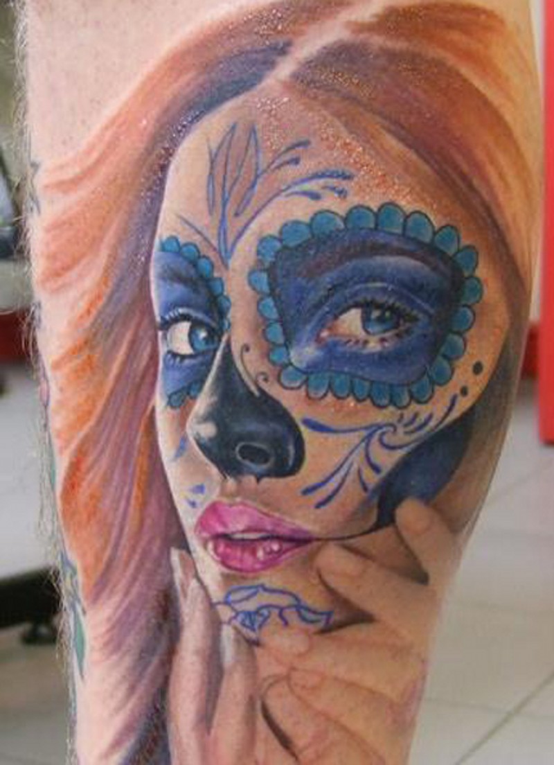 Nice redhead santa muerte girl tattoo