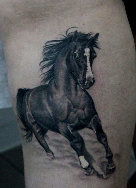 Nice running dark horse tattoo on ribs
