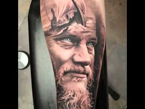 Nice very detailed black and white ol viking portrait tattoo on forearm stylized with sailing ship