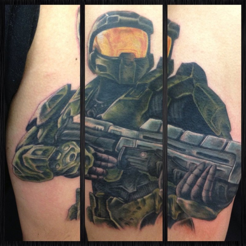 Nice very detailed colored Halo soldier tattoo