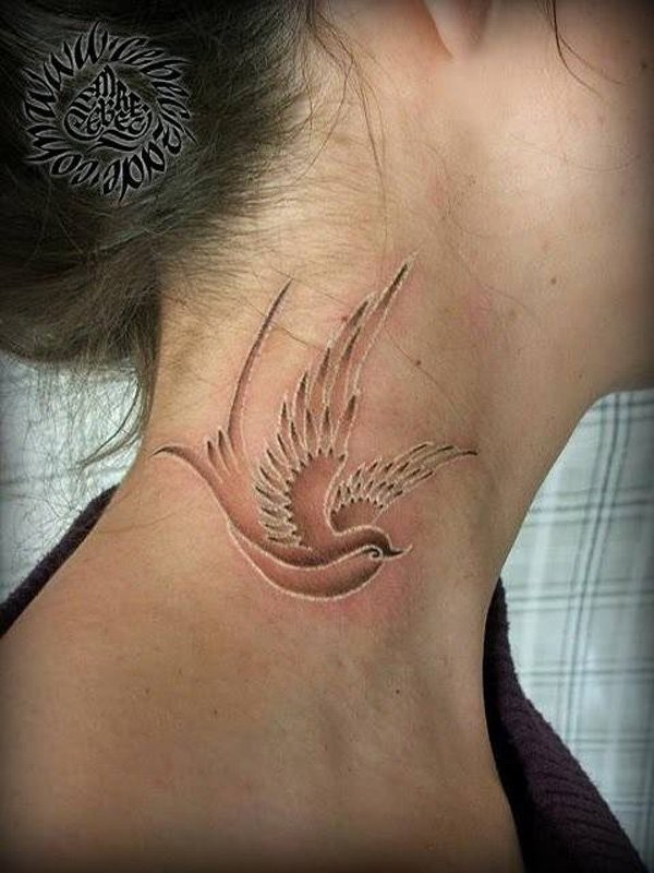 Nice white ink bird tattoo on neck