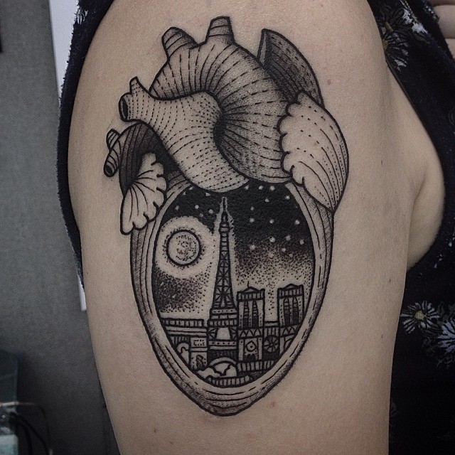 Night Paris picture in heart shoulder tattoo in engraving style
