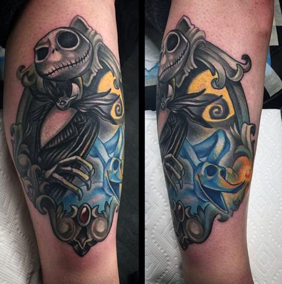 Nightmare before Christmas heroes colored tattoo on leg