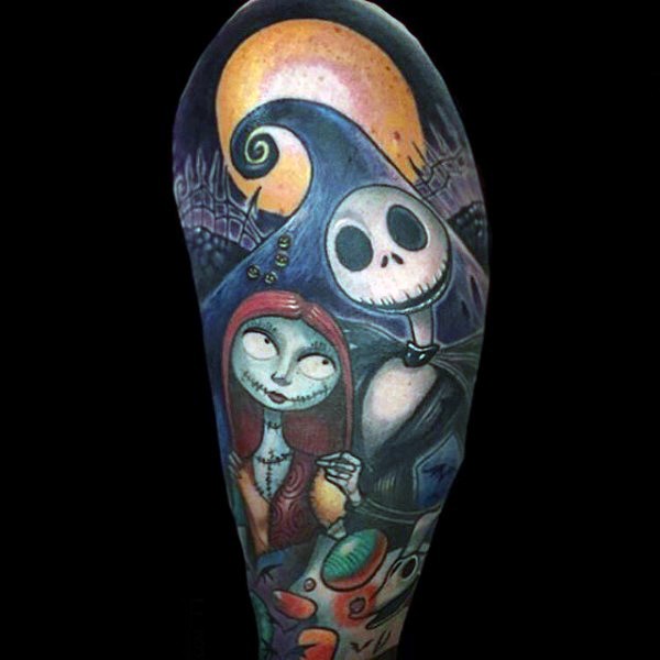 Nightmare before Christmas themed heroes tattoo on shoulder