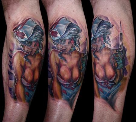 Nurse with syringe pin up girl tattoo by Marko Ventura