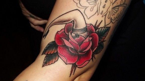Old school rose tattoo with a pin-up leg