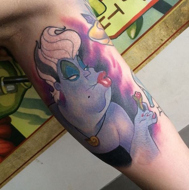 Old Ariel cartoon villain woman tattoo on arm