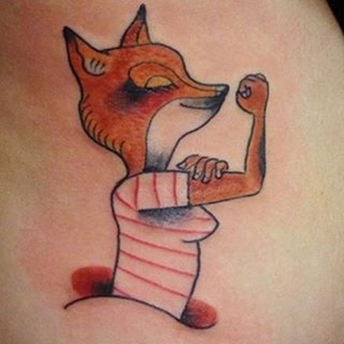 Old cartoon like colored funny fox tattoo