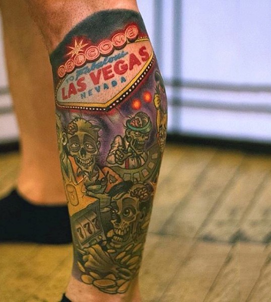 Old cartoon like colored Las Vegas zombies tattoo on leg