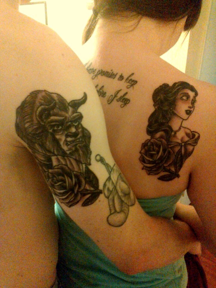 Old cartoon like colored Monster and Beauty tattoo on shoulders with lettering