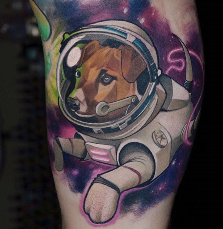 Old cartoon like colored space dog tattoo