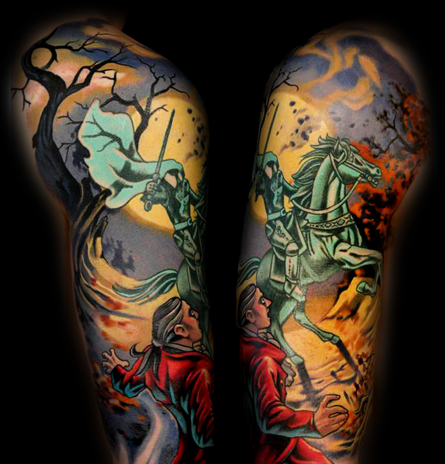 Old cartoon like colorful sleeve tattoo of mystical knight horse rider
