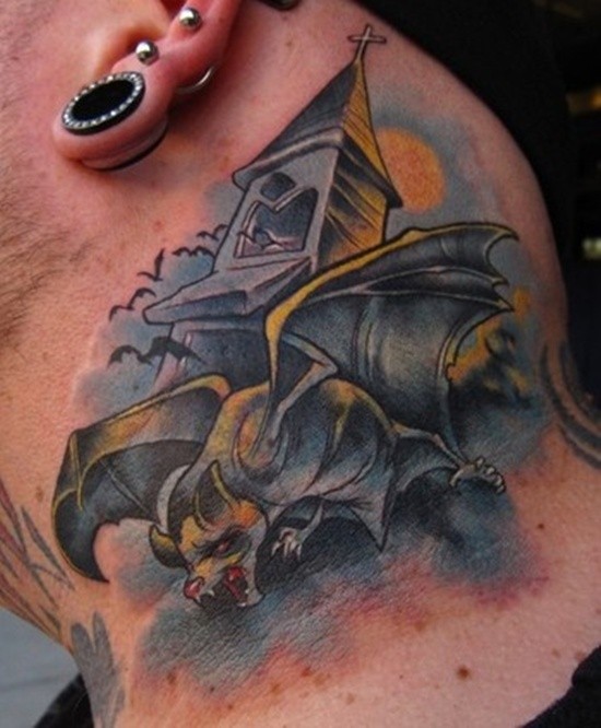Old cartoon like colorful vampire bat tattoo on neck with old bell tower