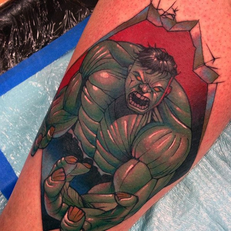 Old cartoon style colored evil Hulk tattoo