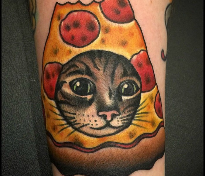 Old cartoon style colored tattoo of pizza slice and cat