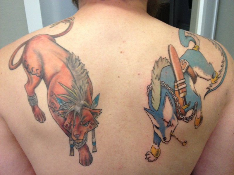 Old cartoon style incredible colored upper back tattoo of fantasy animal warriors