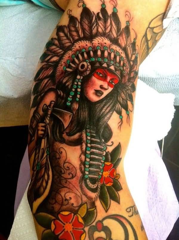 Old cartoon style multicolored seductive Indian woman tattoo on biceps
