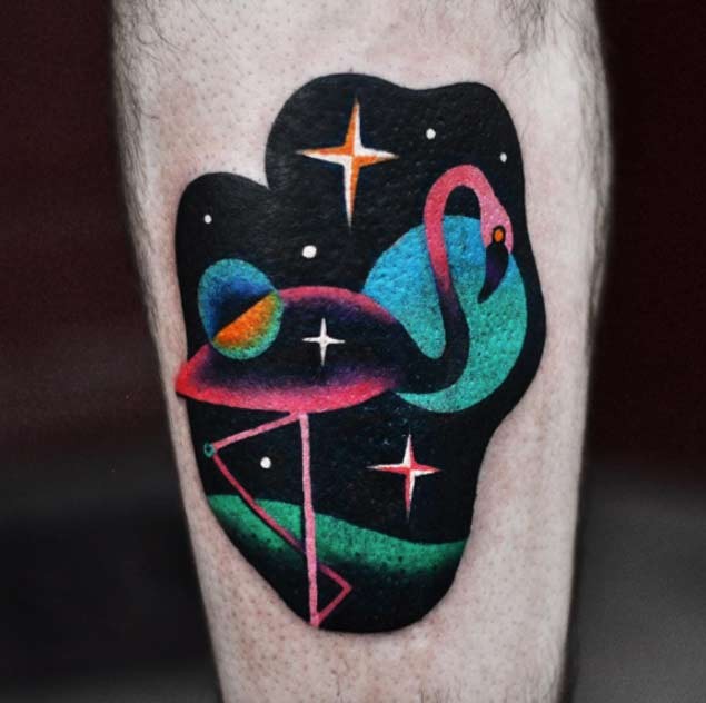 Old cartoon style painted little flamingo tattoo combined with night sky and stars